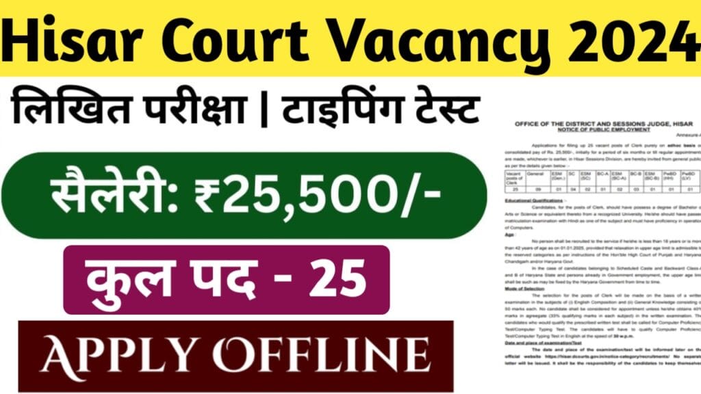 Hisar Court Vacancy 2024 : जिला एवं सत्र न्यायाधीश कार्यालय, हिसार